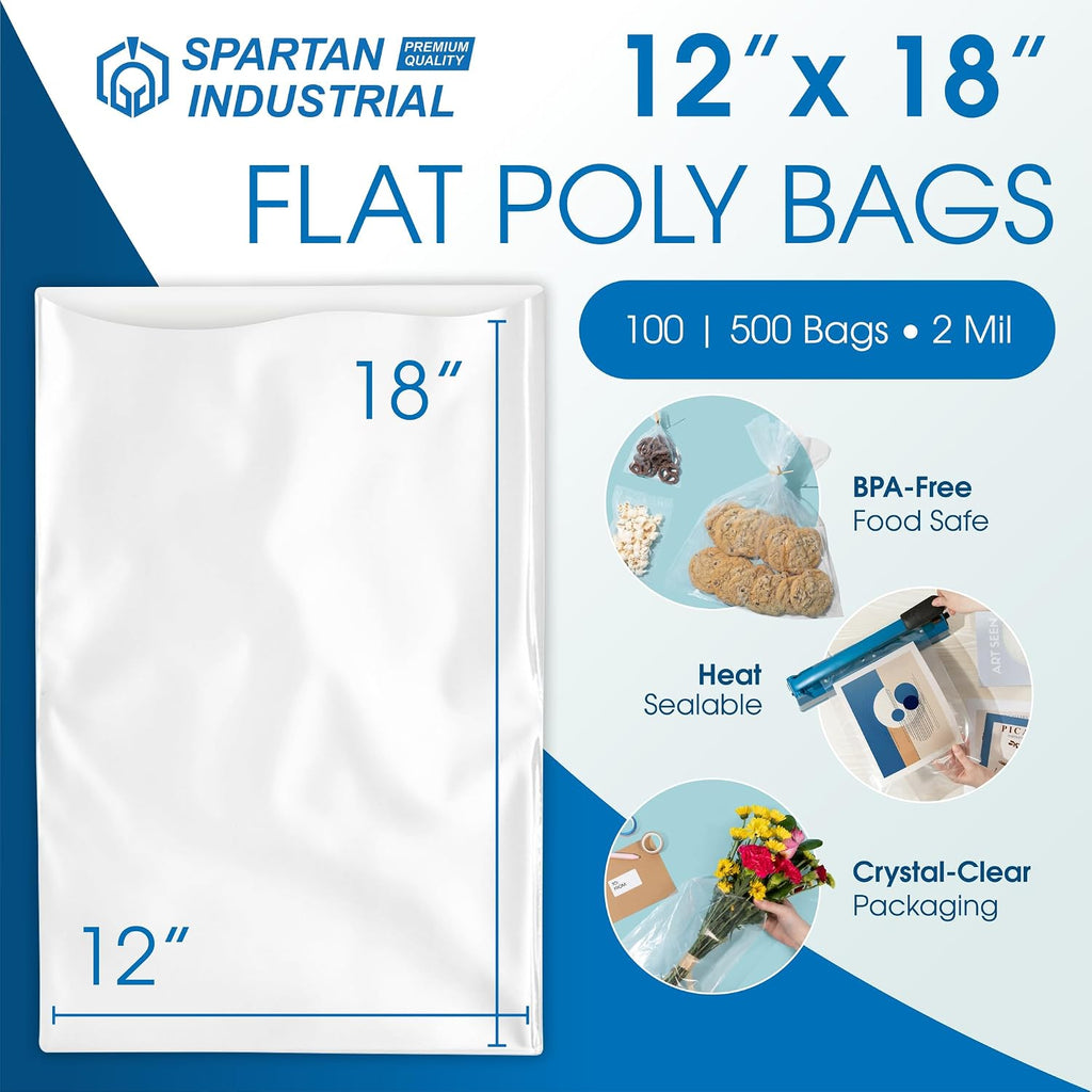 12" X 18" Open-End Flat Poly Bags (100 Count) - 2 Mil Plastic Clear Bags