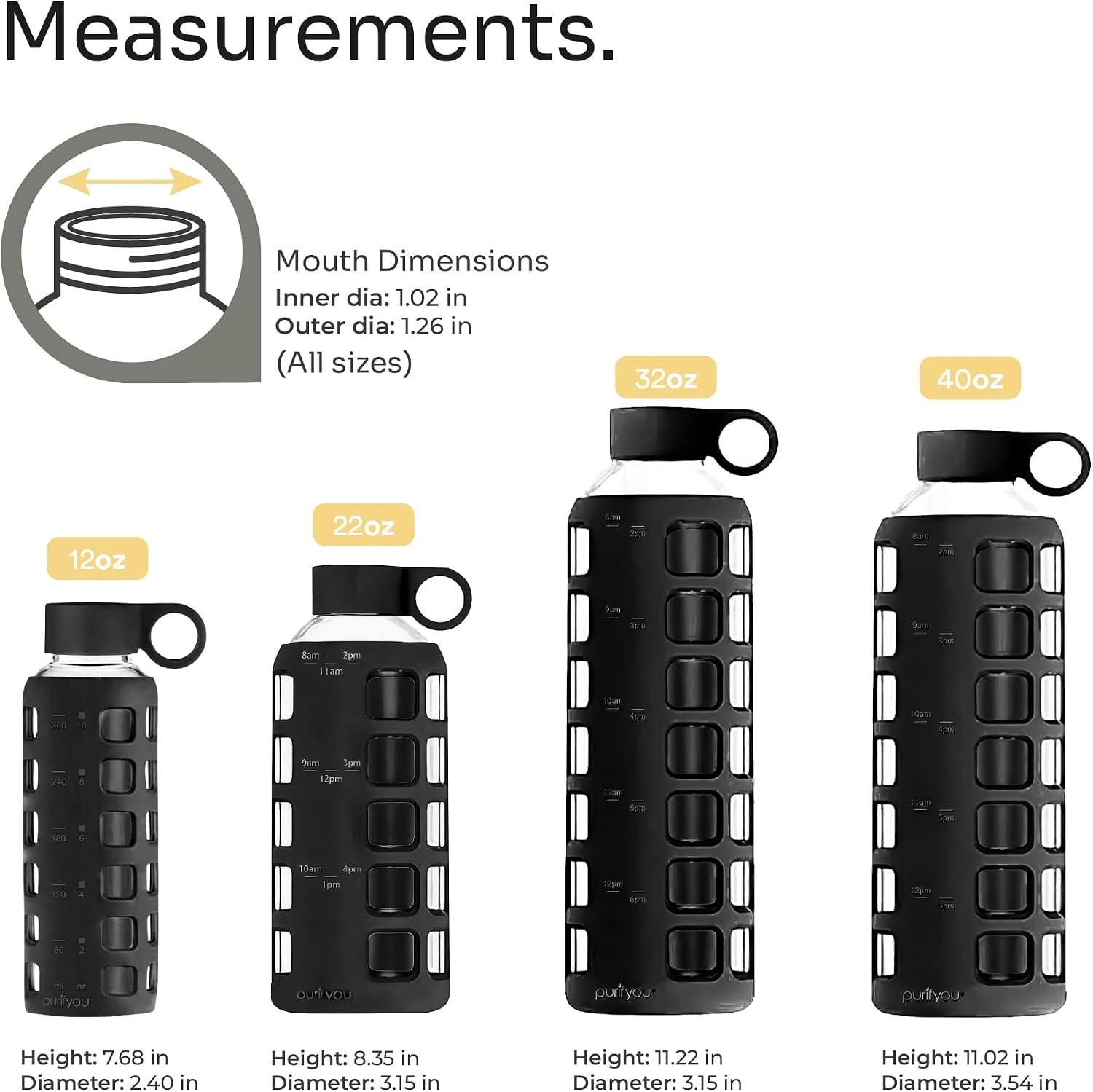 40oz / 32oz / 22oz / 12oz Borosilicate Glass Water Bottle with Time & Volume Markers, Silicone Sleeve, Stainless