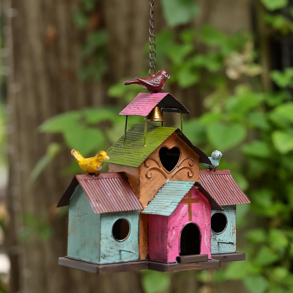 Large Bird Houses for Outside Hanging, 4 Hole Outdoor Bird House with Bell, Easy Clear, Colorful Metal Bird Houses