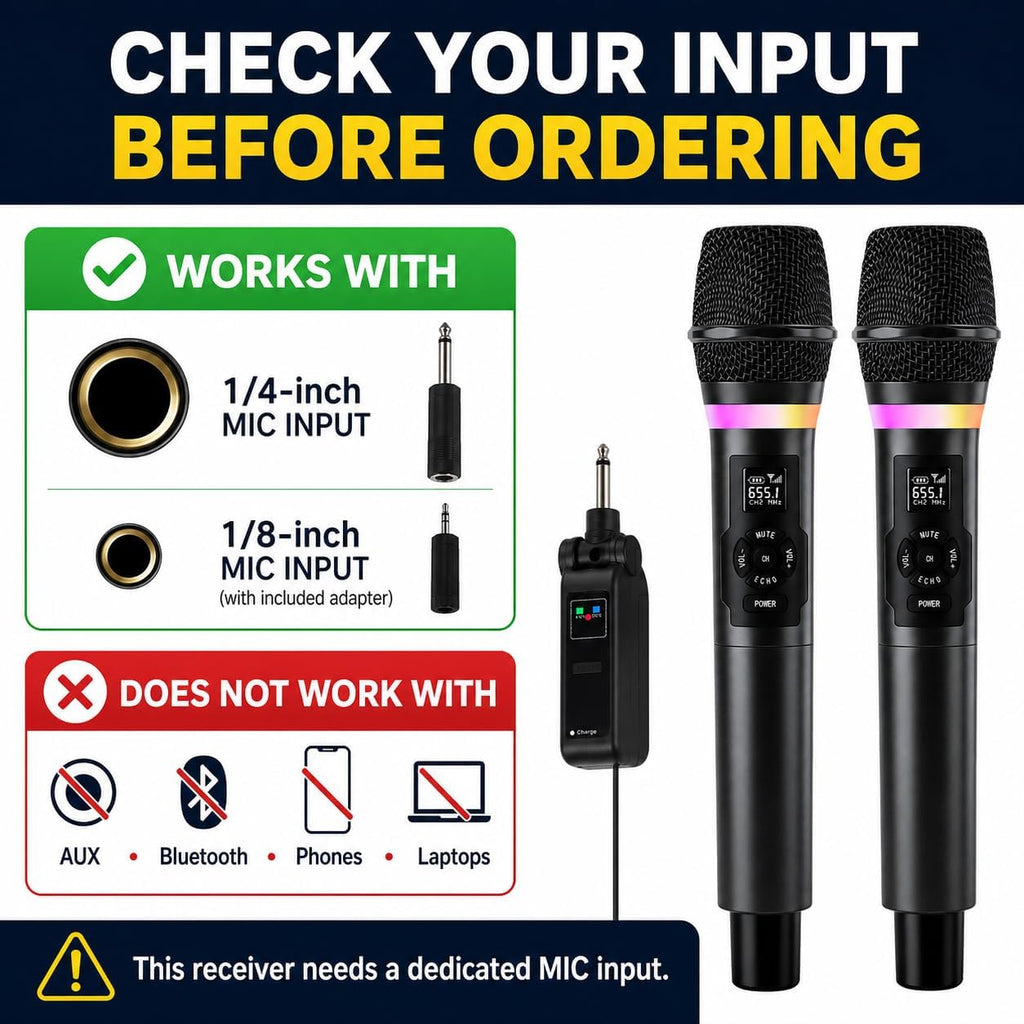 Wireless Microphones, Dual 2.4GHz Handheld Karaoke Mic System | Rechargeable Receiver with Volume, Echo, Treble, Bass