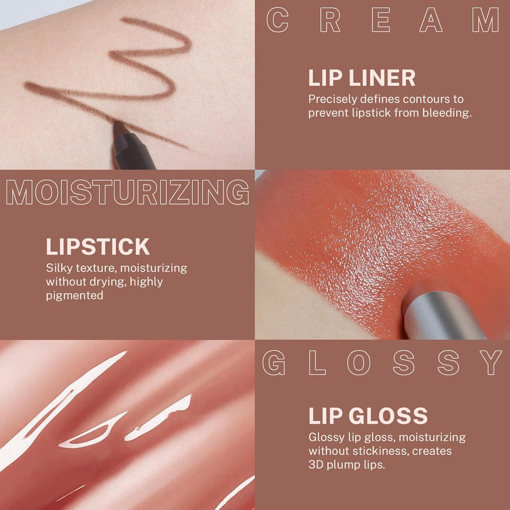 3Pcs Lip Combo Set, Lip Kit with Brown Plumping Lip Liner & Nourishing Lipstick & Nude Glossy Lip Gloss