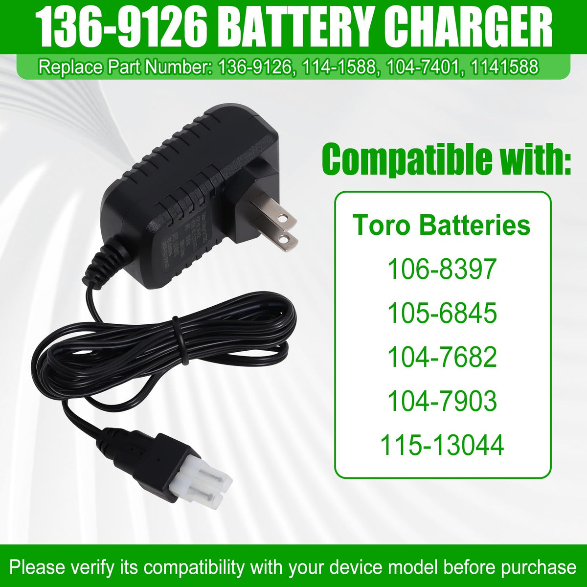 136-9126 Battery Charger Compatible with Toro 22" Lawn Mower Battery 12V