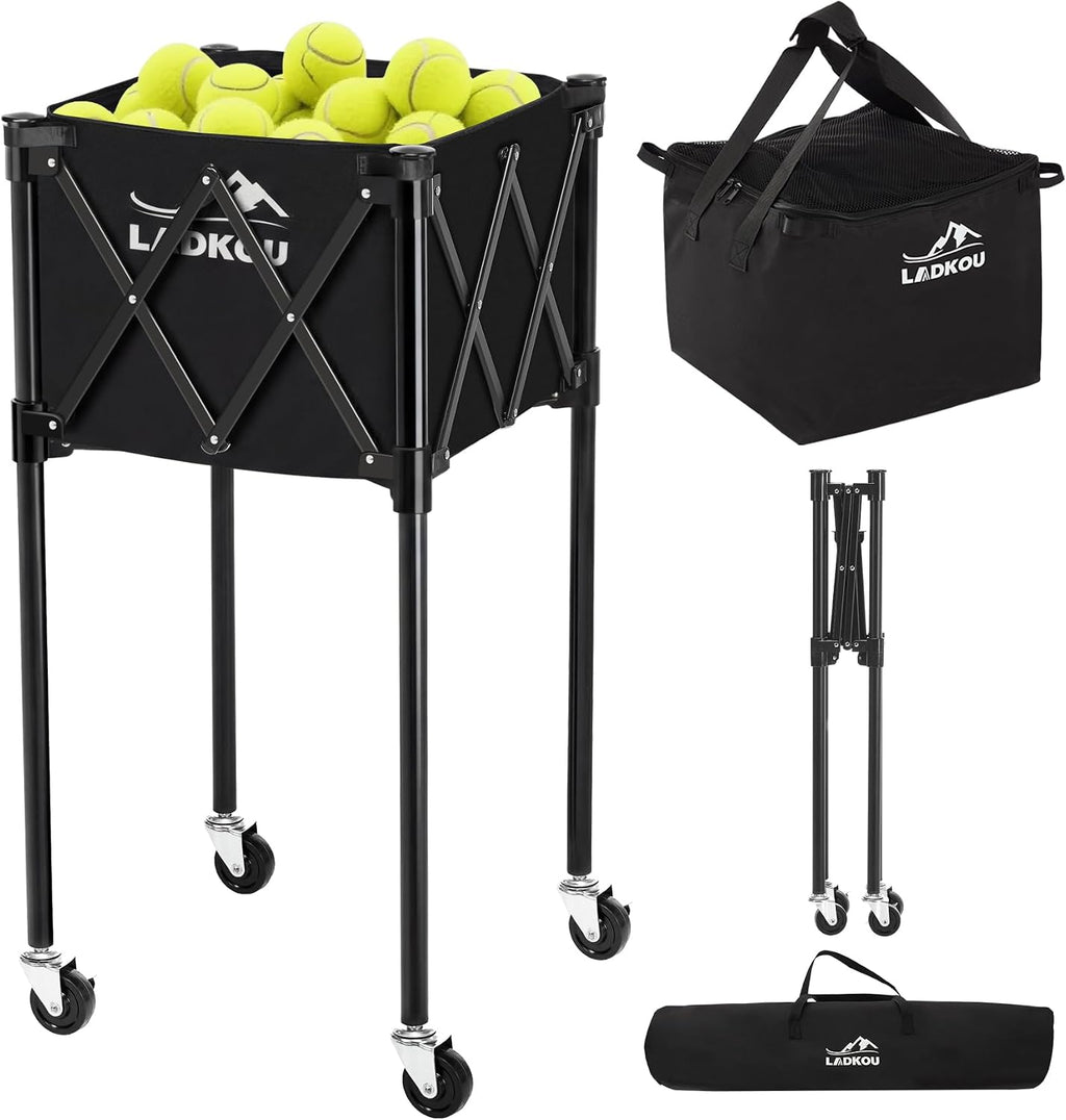 Extra Large Tennis Ball Hopper, Holds 200 Balls, Foldable Tennis Ball Basket with Wheels & Removable Bag, Lightweight