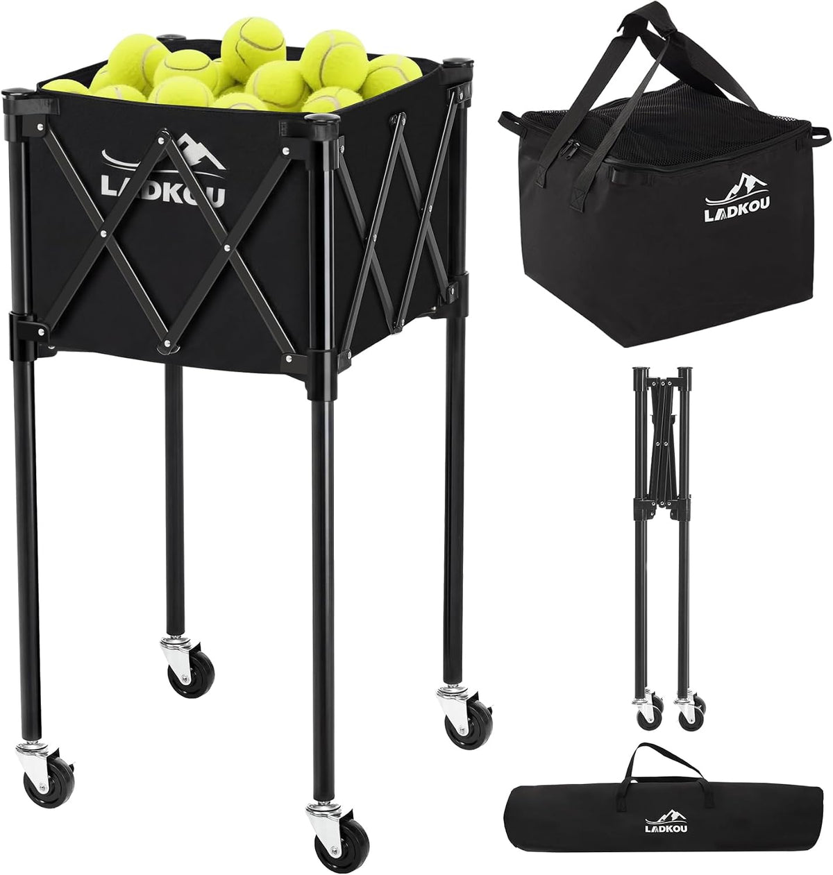 Extra Large Tennis Ball Hopper, Holds 200 Balls, Foldable Tennis Ball Basket with Wheels & Removable Bag, Lightweight