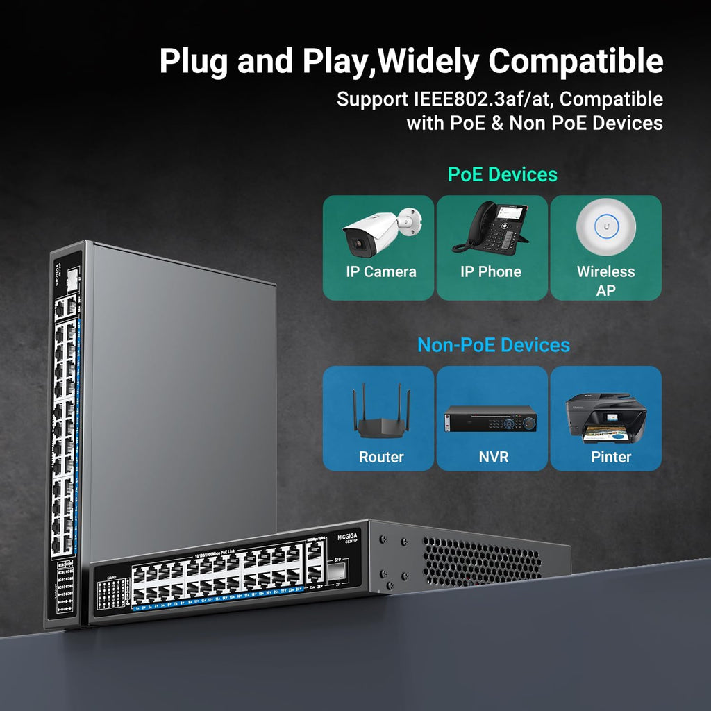 24-Port Gigabit PoE Switch with 24 PoE+@300W, 2 Gigabit Uplink Ports, 1 SFP, Sturdy Metal for Desktop/Rack Mount