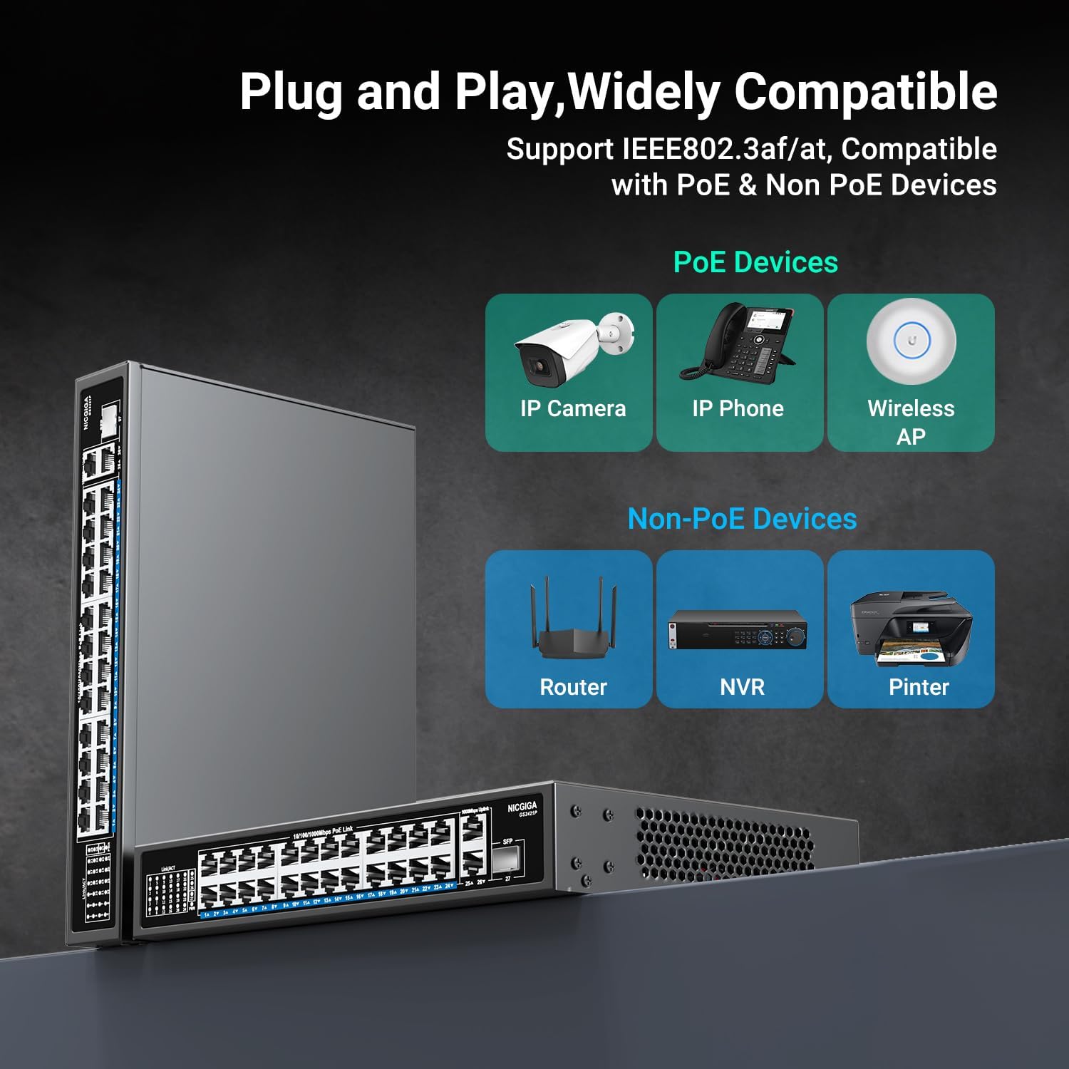 24-Port Gigabit PoE Switch with 24 PoE+@300W, 2 Gigabit Uplink Ports, 1 SFP, Sturdy Metal for Desktop/Rack Mount