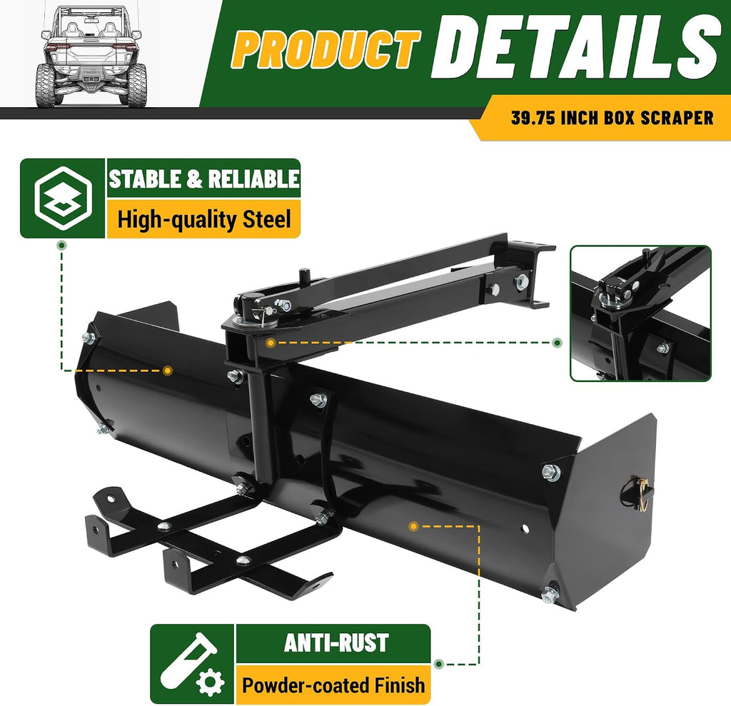 39.75" Box Scraper w/Adjustable Blade Sleeve Hitch Tow Compatible with ATV UTV Grader Lawn Tractor Attachments Behind