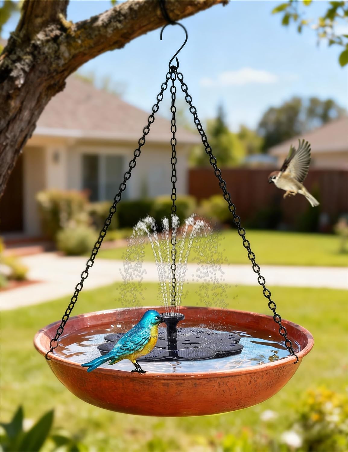 Hanging Bird Bath & Feeder Outdoor, 11" Antique Copper Metal Birdbath Bowl