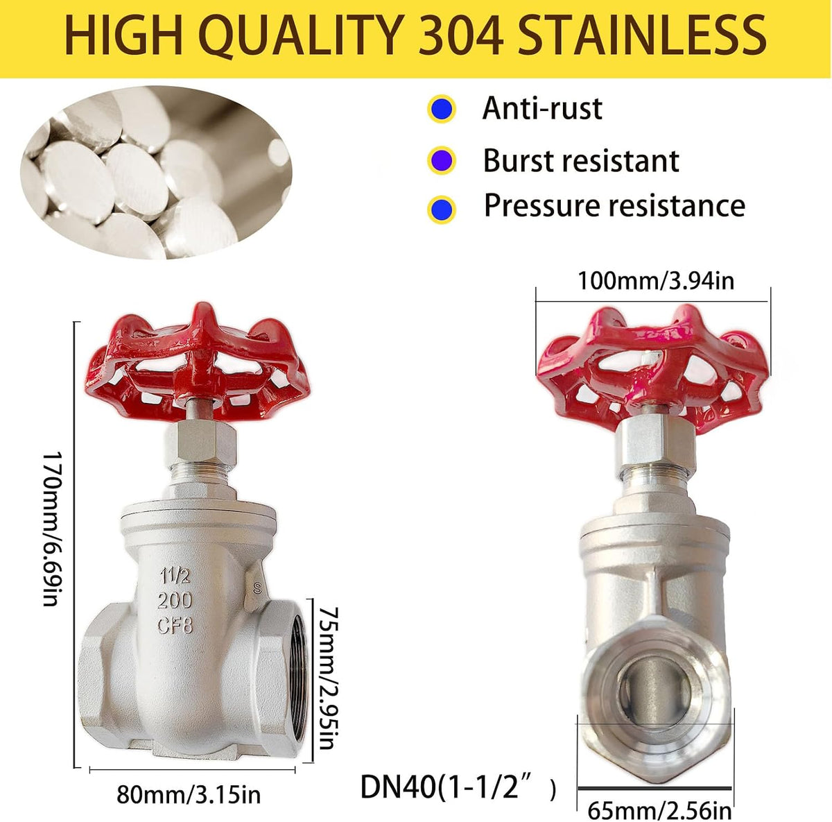 1-1/2" NPT 304 Stainless Steel Gate Valve DN40