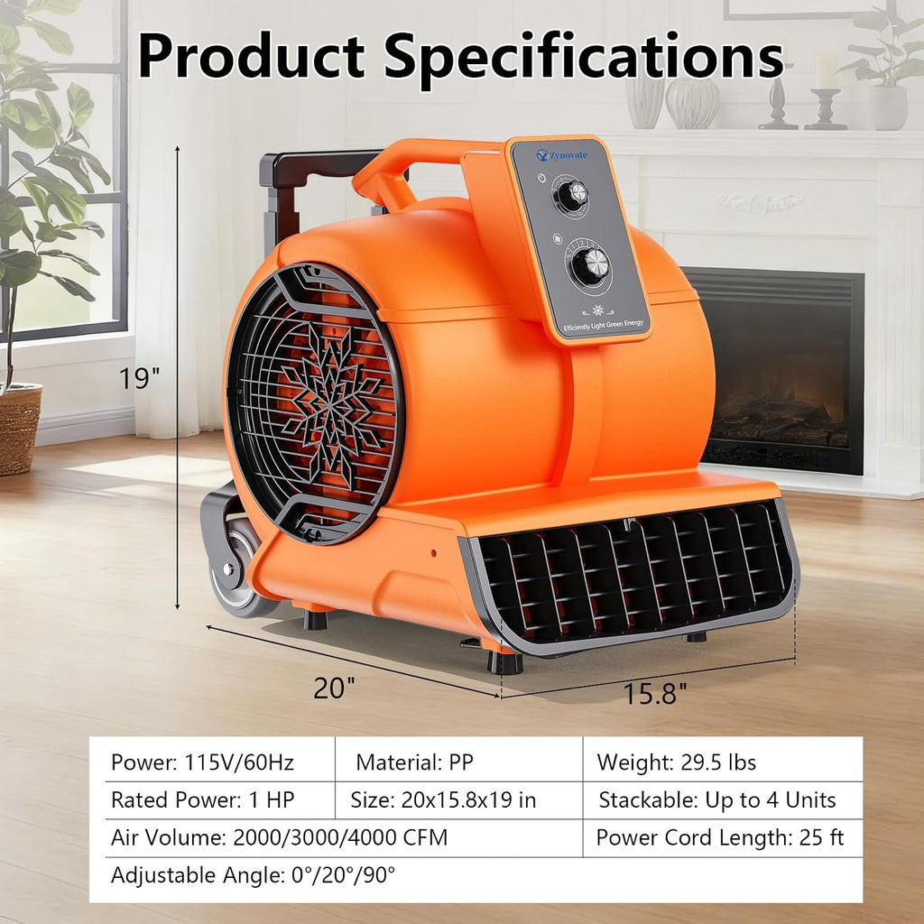 Air Mover 1 HP 4000 CFM Portable Blower Fan Carpet Dryer, Floor Dryer Fan | 3-Speed, 3 Adjustable Angles, Timer
