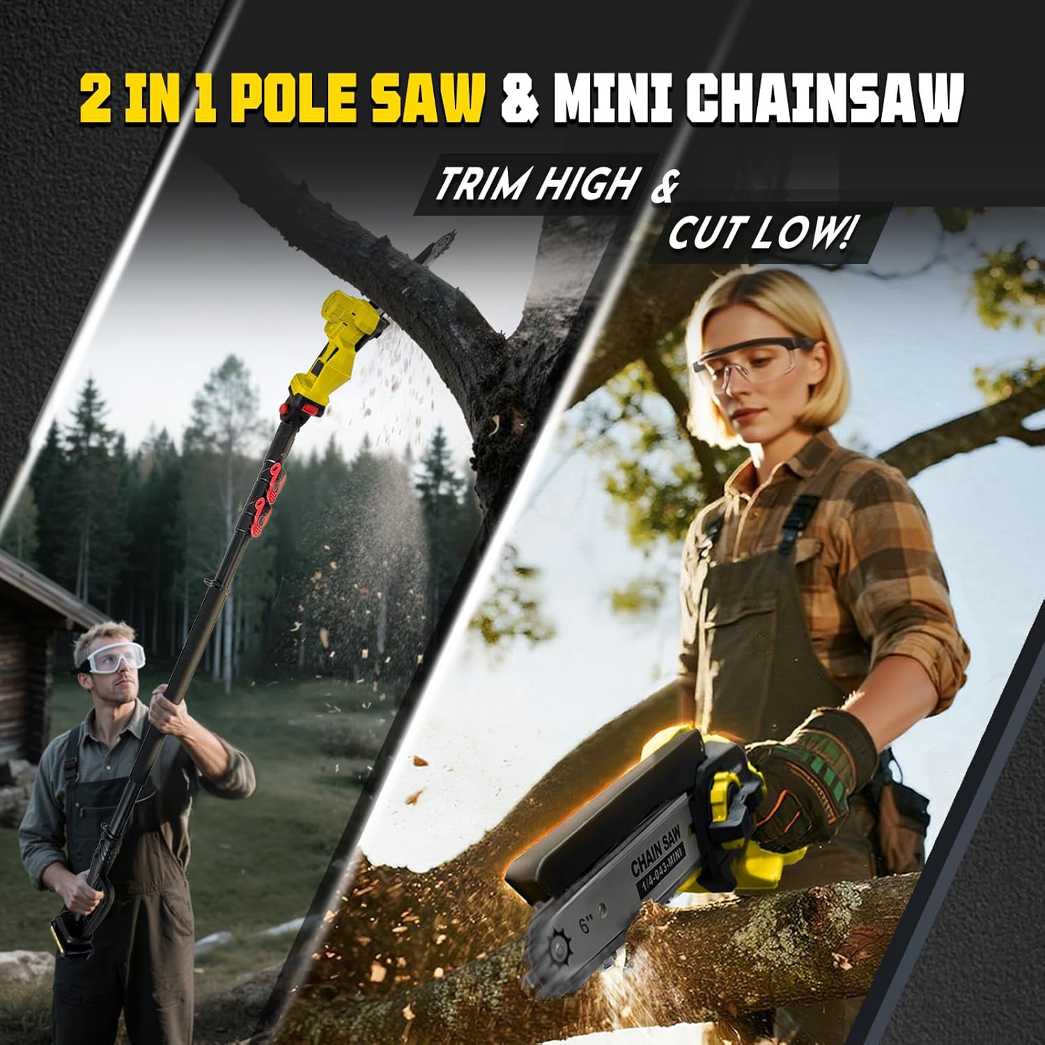 2-in-1 Electric Pole Saws for Tree Trimming, 6 Inch Mini Chainsaw | Brushless 1200W Cordless Pole Saw,16-Foot Max
