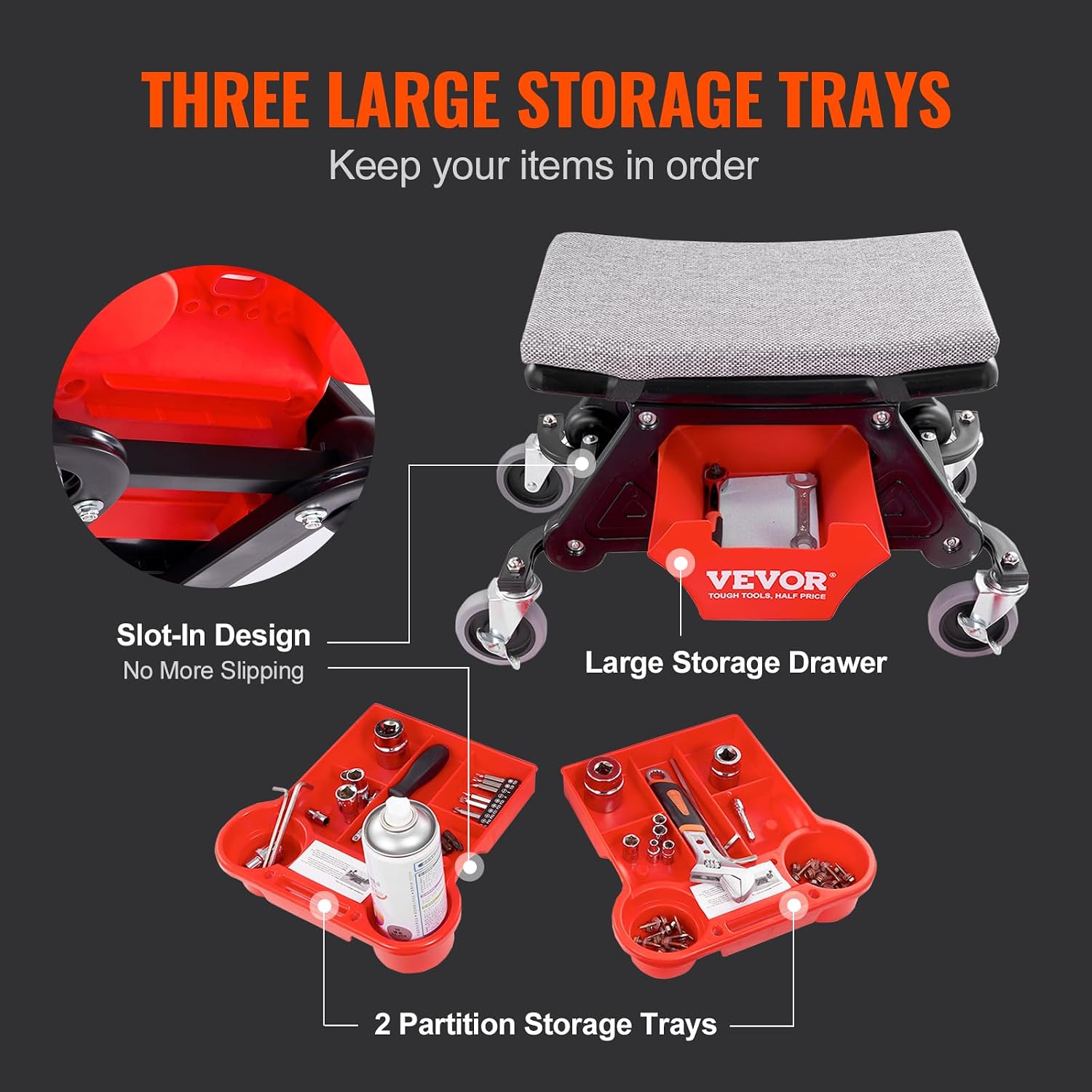 Mechanic Stool 300 LBS Capacity Garage Stool Gift for Men, Heavy Duty Rolling Mechanics Seat, with Three Slide Out