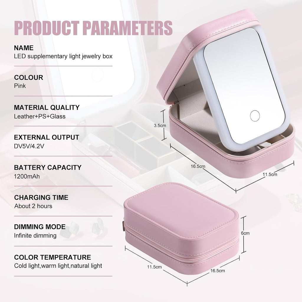 Travel Cosmetic Mirror Case LED Makeup Mirror Storage Case for Eyelash Station Brushes Cosmetic Tools Pink On-the-go