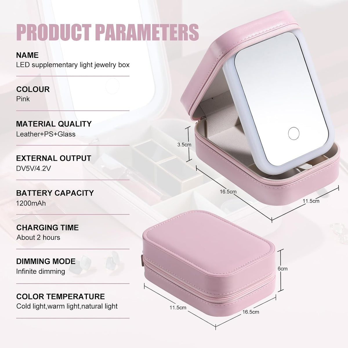 Travel Cosmetic Mirror Case LED Makeup Mirror Storage Case for Eyelash Station Brushes Cosmetic Tools Pink On-the-go