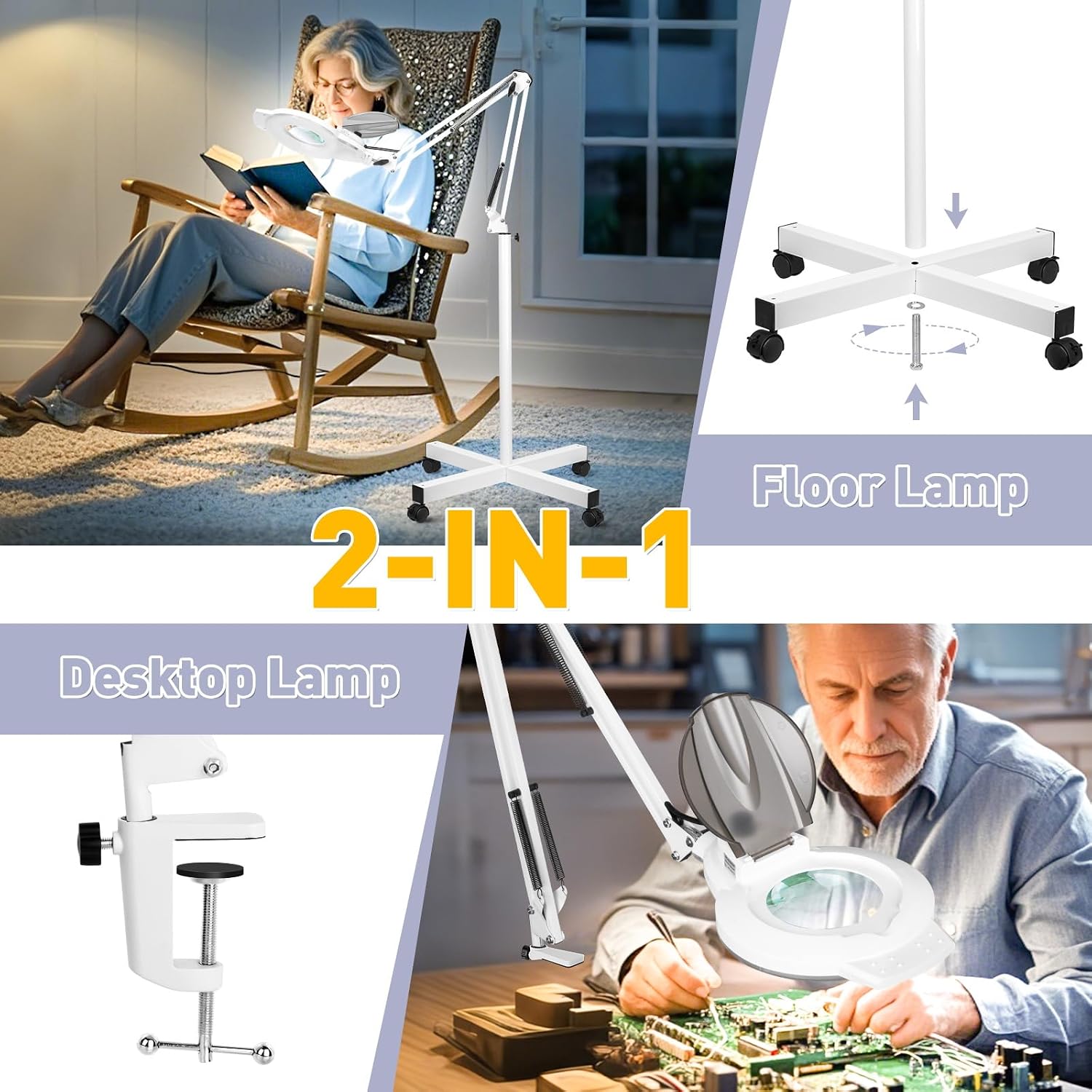 2200 Lumens Magnifying Floor Lamp, 2-in-1 Lighted Desk Magnifier | 144 LED Stepless Dimmable, 10X Real Glass, 4 Wheel