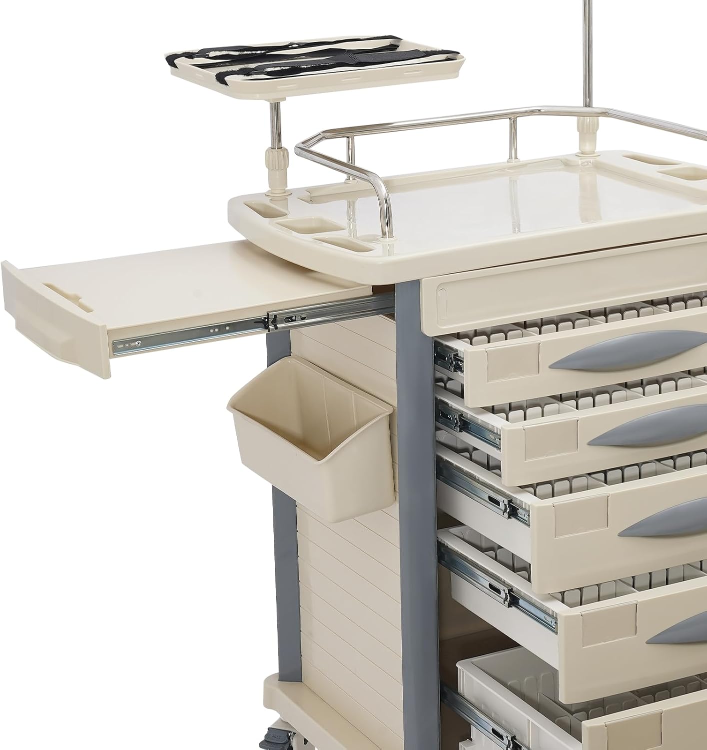 Medical Rolling Crash Cart with Accessories-CPR Board, 2 Trash Bin, Drawers with Dividers, Mobile Medical Cart for