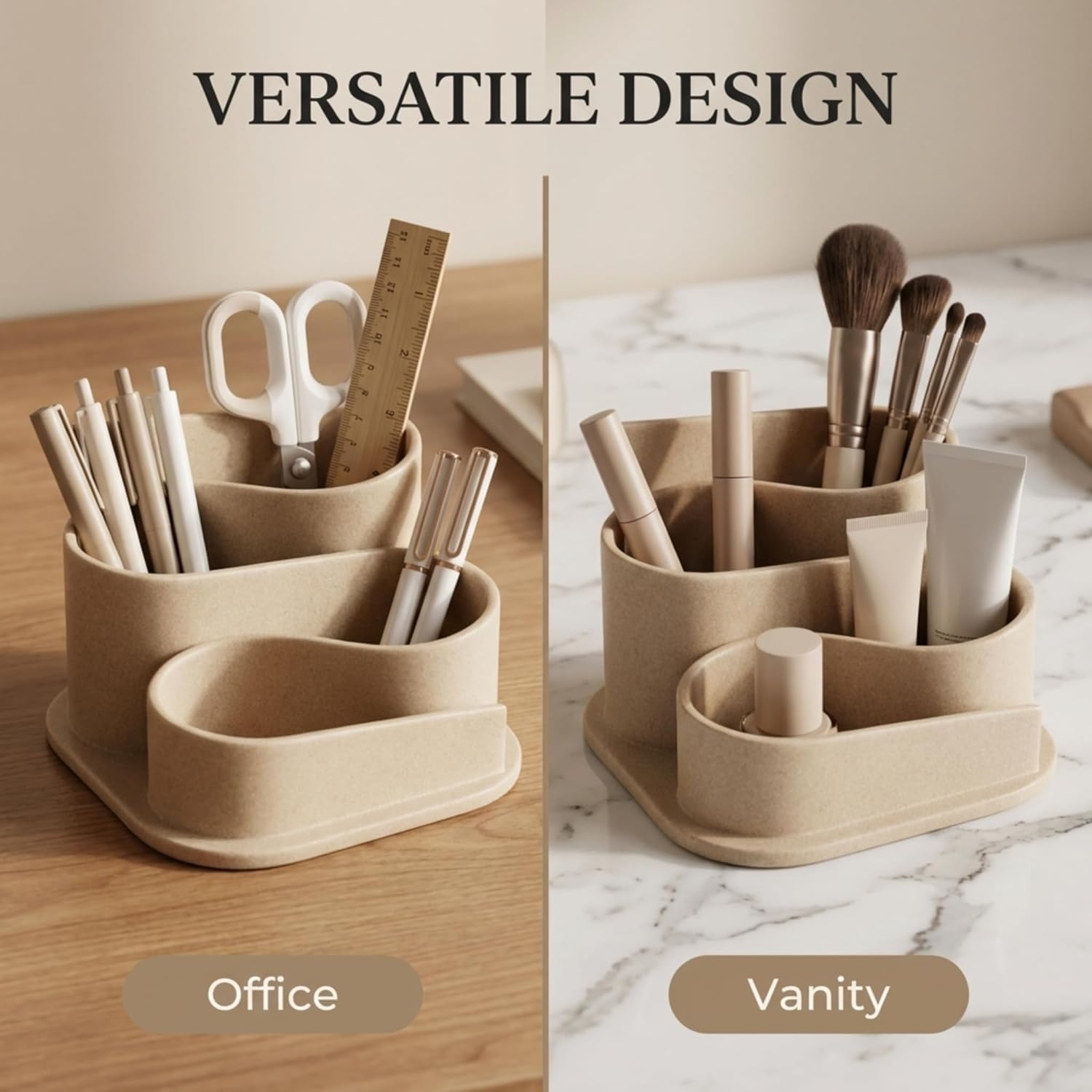 Aesthetic Desk Organizer - Aesthetic Office Desk Accessories - Boho Pen Holder - Neutral Beige Desk Accessories