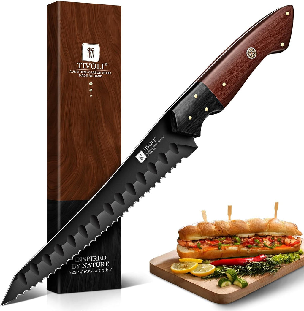 Serrated Bread Knife 8-inch - Black Bread Knife for Homemade Breads