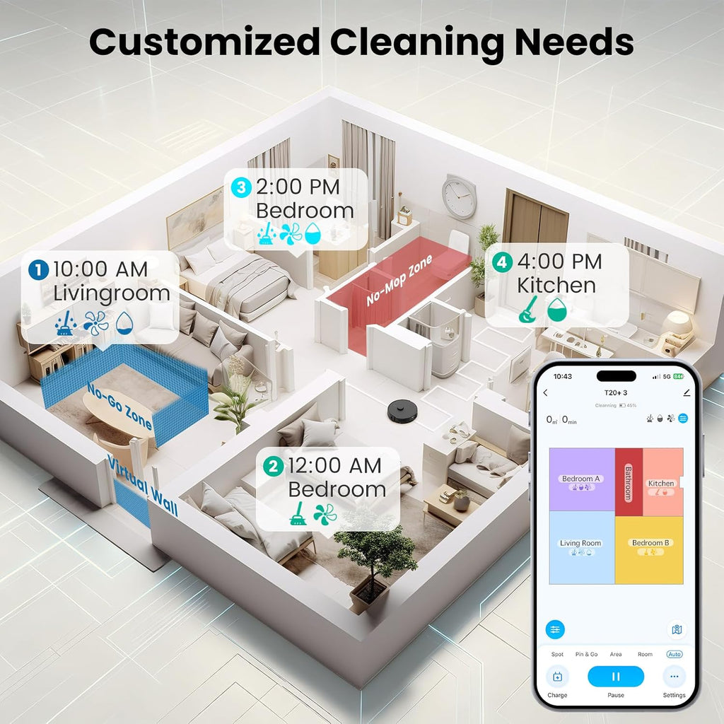 T20+ Robot Vacuum and Mop Combo Self-Emptying, 6,000Pa Suction Robot Vacuum Cleaner, 75-Day Hands-Free, Home Mapping
