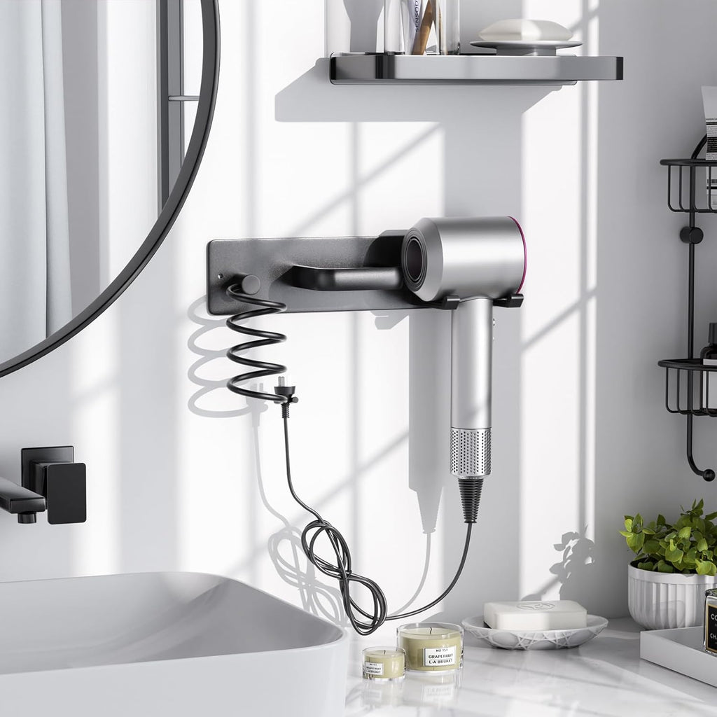 Hair Dryer Holder Wall Mount Aluminum Alloy Hot Tools Organizer | Heavy Duty, Matte Black