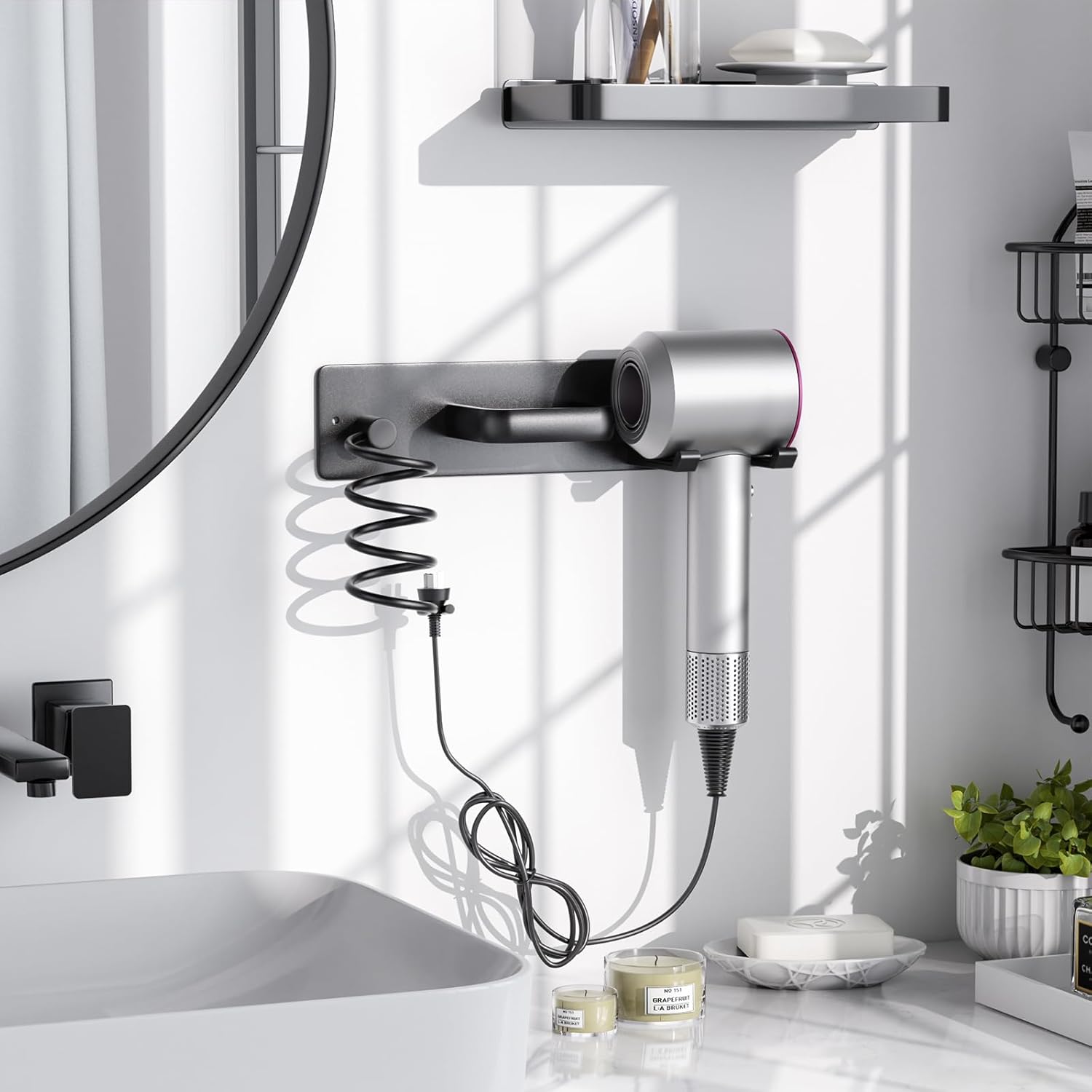 Hair Dryer Holder Wall Mount Aluminum Alloy Hot Tools Organizer | Heavy Duty, Matte Black