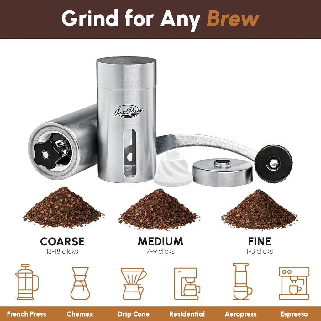 Manual Stainless Steel Coffee Grinder - 18 Adjustable Settings, Portable Conical Burr Grinder for Camping, Travel