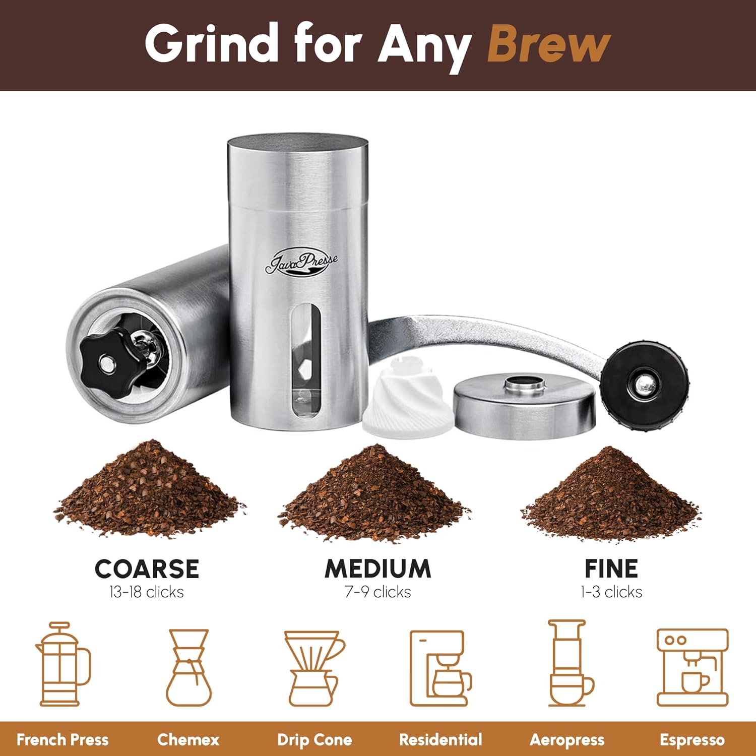 Manual Stainless Steel Coffee Grinder - 18 Adjustable Settings, Portable Conical Burr Grinder for Camping, Travel