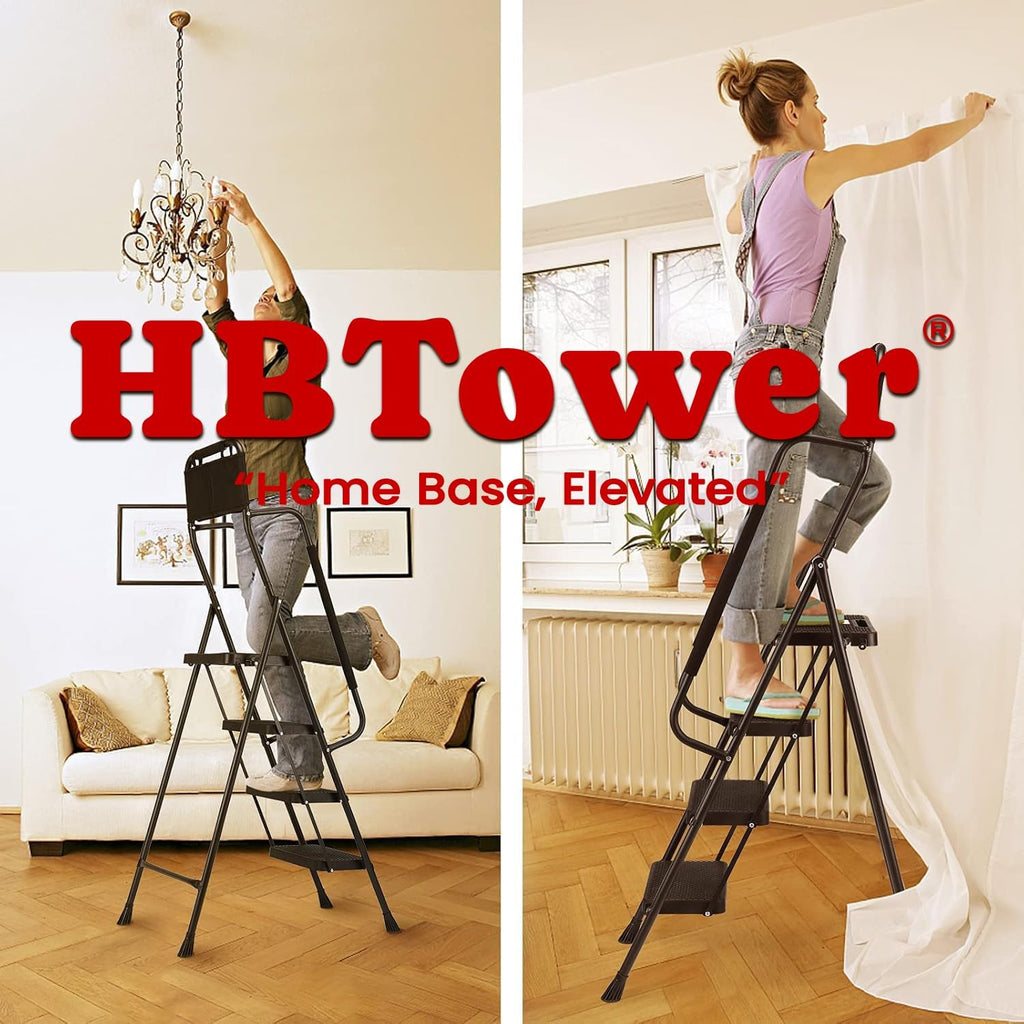 4 Step Ladder with Handrails, 330 lbs Folding Step Stool with Attachable Tool Bag & Anti-Slip Wide Pedal for Home