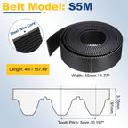 uxcell S5M Open Ended Timing Belt, 45mm Width x 4 Meter Length, 5mm Pitch Length, Steel Wires Inside Synchronous Belt, Black