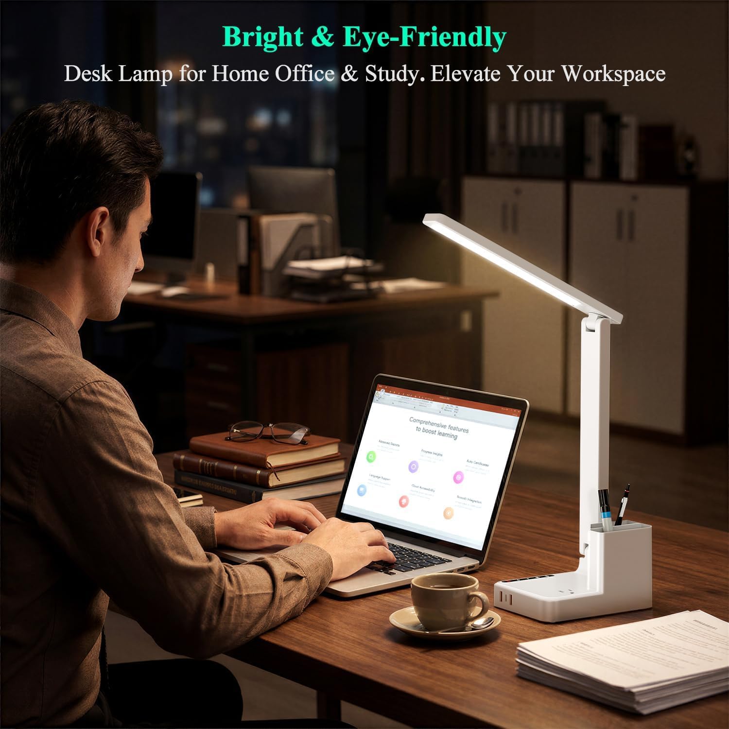 LED Desk Lamp for Dorm Office, USB C, AC Outlet Charging Port, White | Dorm Room Essentials for Guys, Eye-Caring
