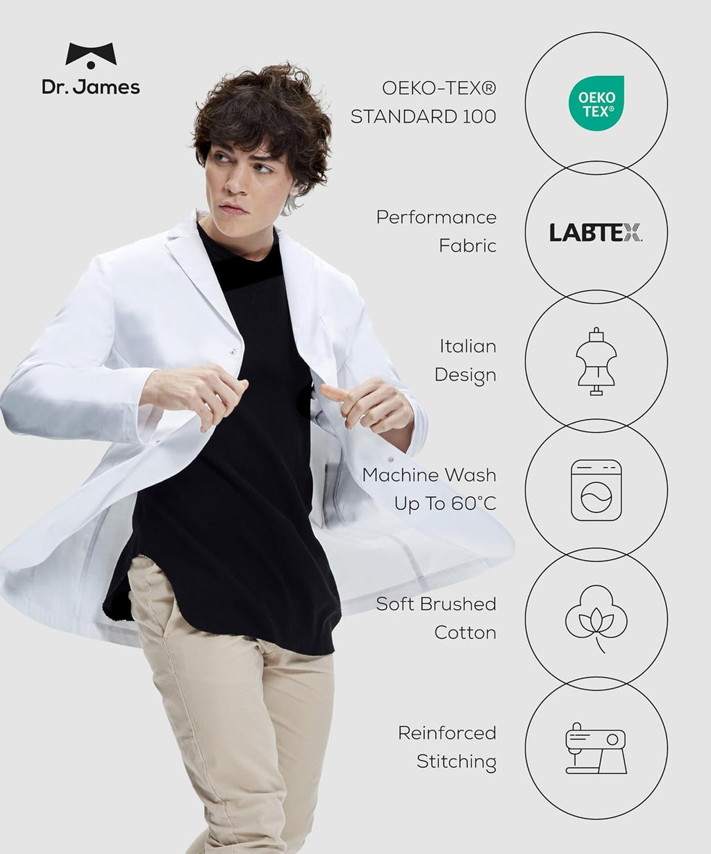 Unisex Lab Coat – White Medical Coat, Classic Fit, 3 Pockets + Phone Slot, Safety Snaps, OEKO-TEX Certified