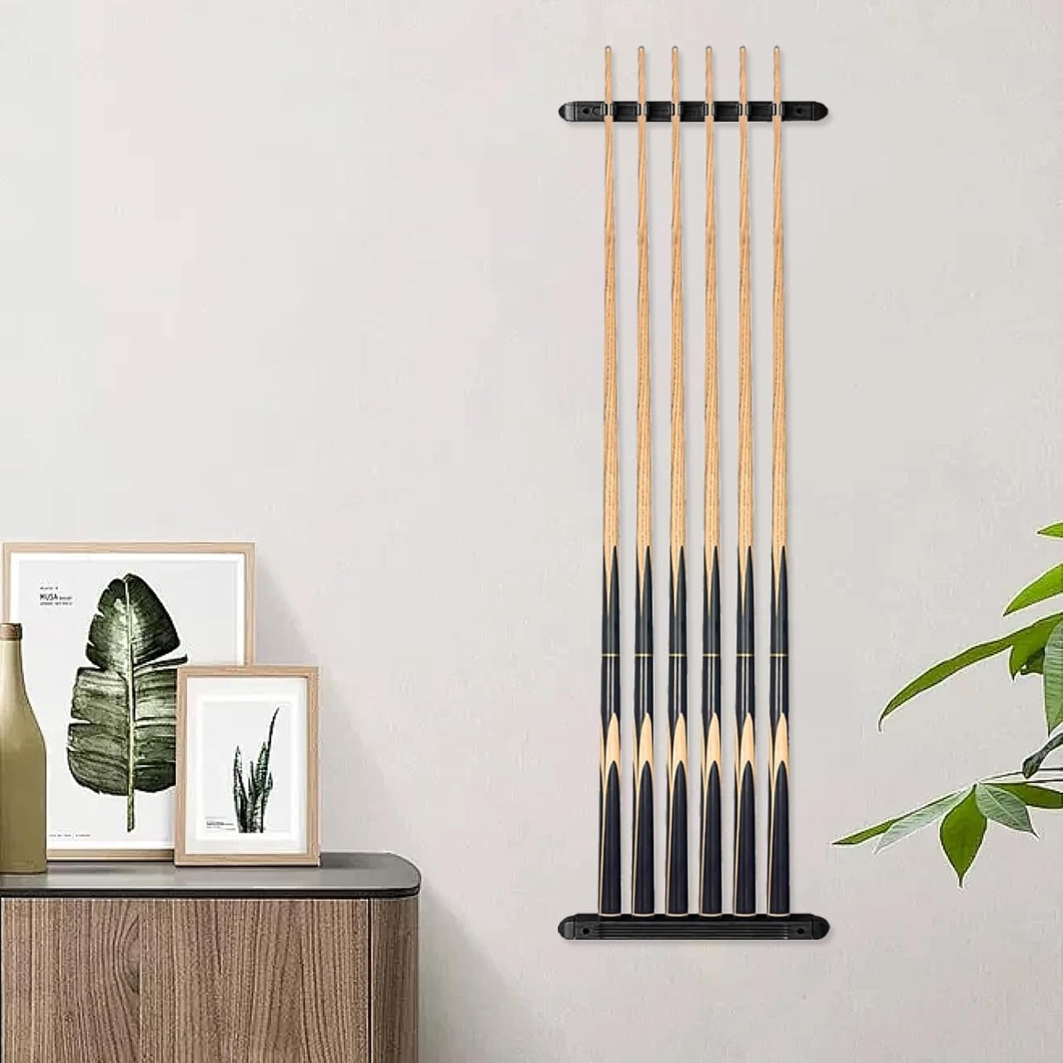 Pool Stick Holder Wall Mounted Pool Cue RackSolid Wood Billiard Stick Holder with Accessory Shelf, Heavy Duty Game