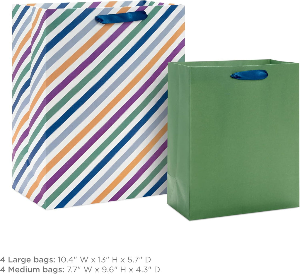 Solid Gift Bag Assortment (8 Bags: 4 Medium 9", 4 Large 13") Blue, Green, Orange, Cheers, Stripes