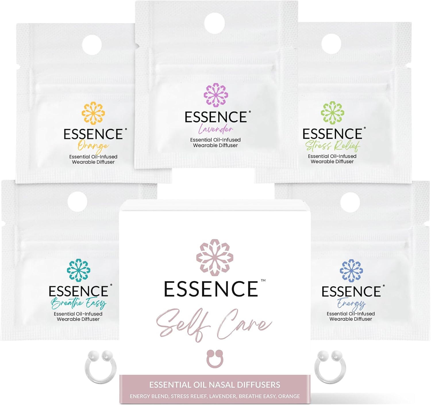 Essence Nasal Diffuser Self Care Bundle – Essential Oil Silicone Nose Rings for Stress, Energy & Mental Clarity –