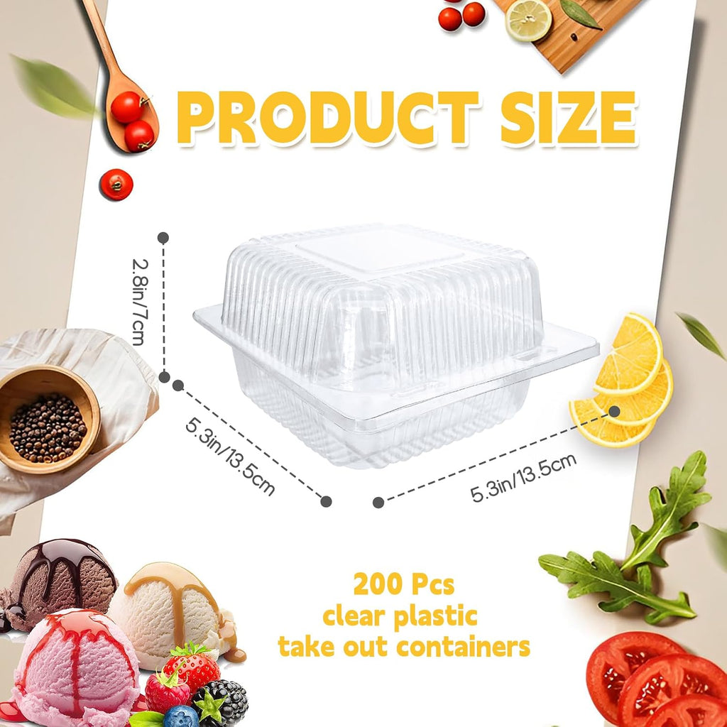 200 Pcs Clear Plastic Take out Containers,Disposable Fancy Hinged Top Square Clamshell Food Boxes,Cake Slice