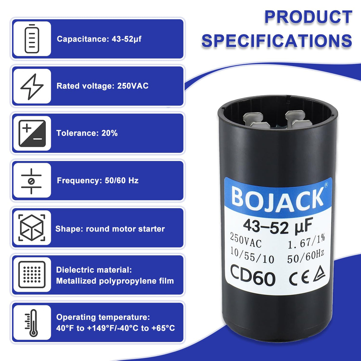 BOJACK 43-52 uf/MFD 250 VAC ±20% 50/60 Hz CD60 Round Motor Start Capacitor