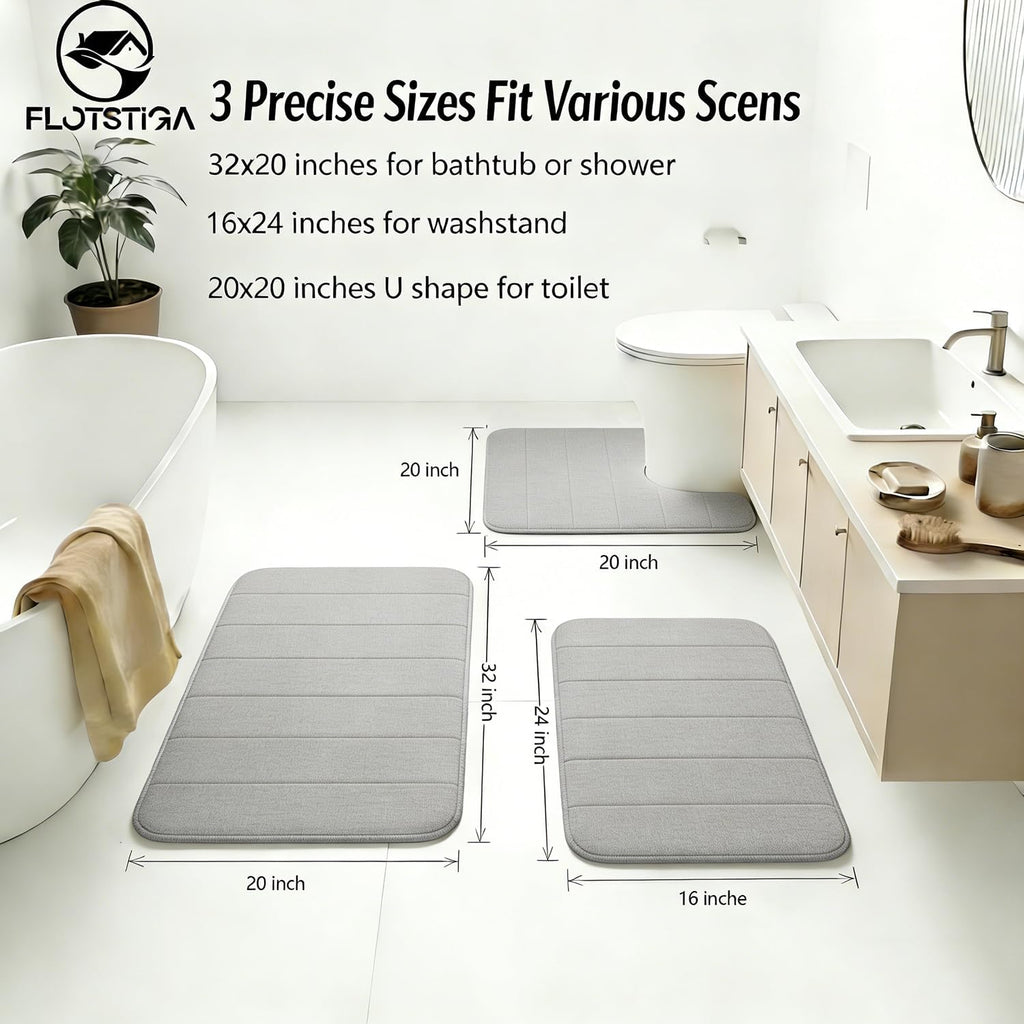 Memory Foam Bath Mat Set 3 Piece，Super Soft Absorbent Bathroom Rug Non Slip, Quick Dry,Machine Wash, Perfect Plush