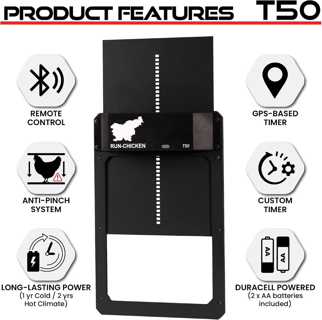 Door T50 – Automatic Chicken Coop Door Opener, Battery Powered & Weatherproof Aluminum, Smart App & Timer Control