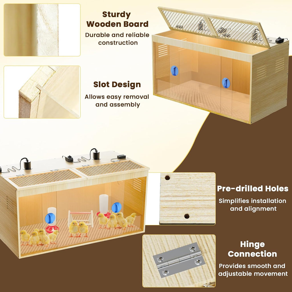Brooder Box for Chicks, 32 Inch Wooden Large Chicken Brooder Box with 75W Heating Lamps, Thermometer, Chicken Feeder