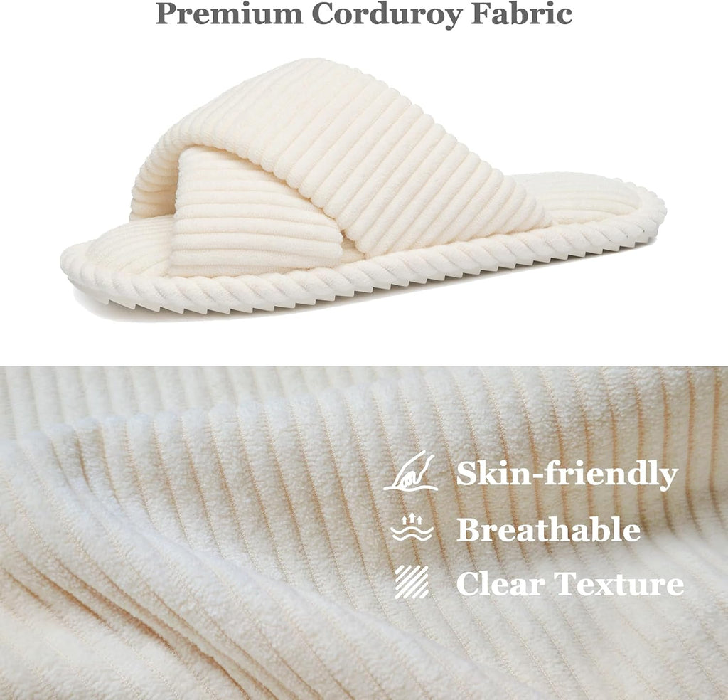 Slippers for Women with Memory Foam Open toe House Bedroom Shoes | Crossbands Cozy Corduroy Slides,Non Slip