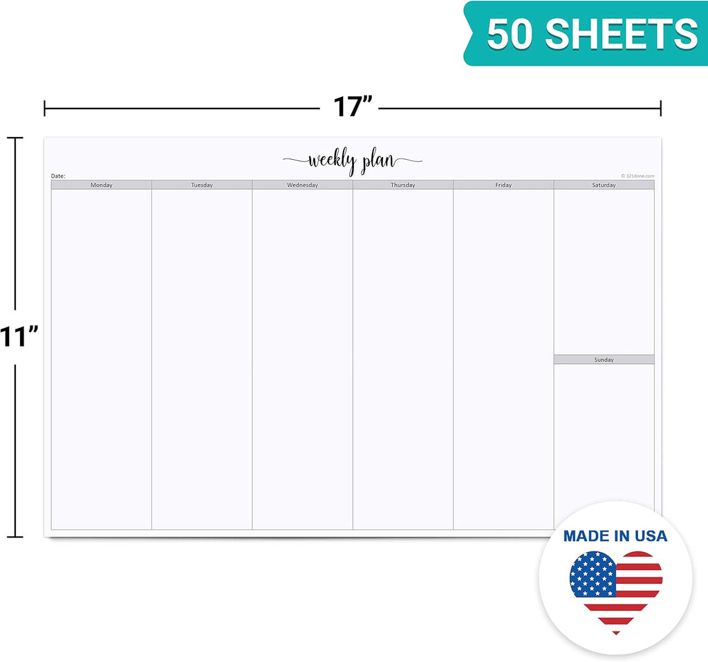 Undated Weekly Planner Notepad, Jumbo 11x17 Desk Pad - 50 Tear-Off Sheets, Weekday Monday-Friday Schedule, Daily Task