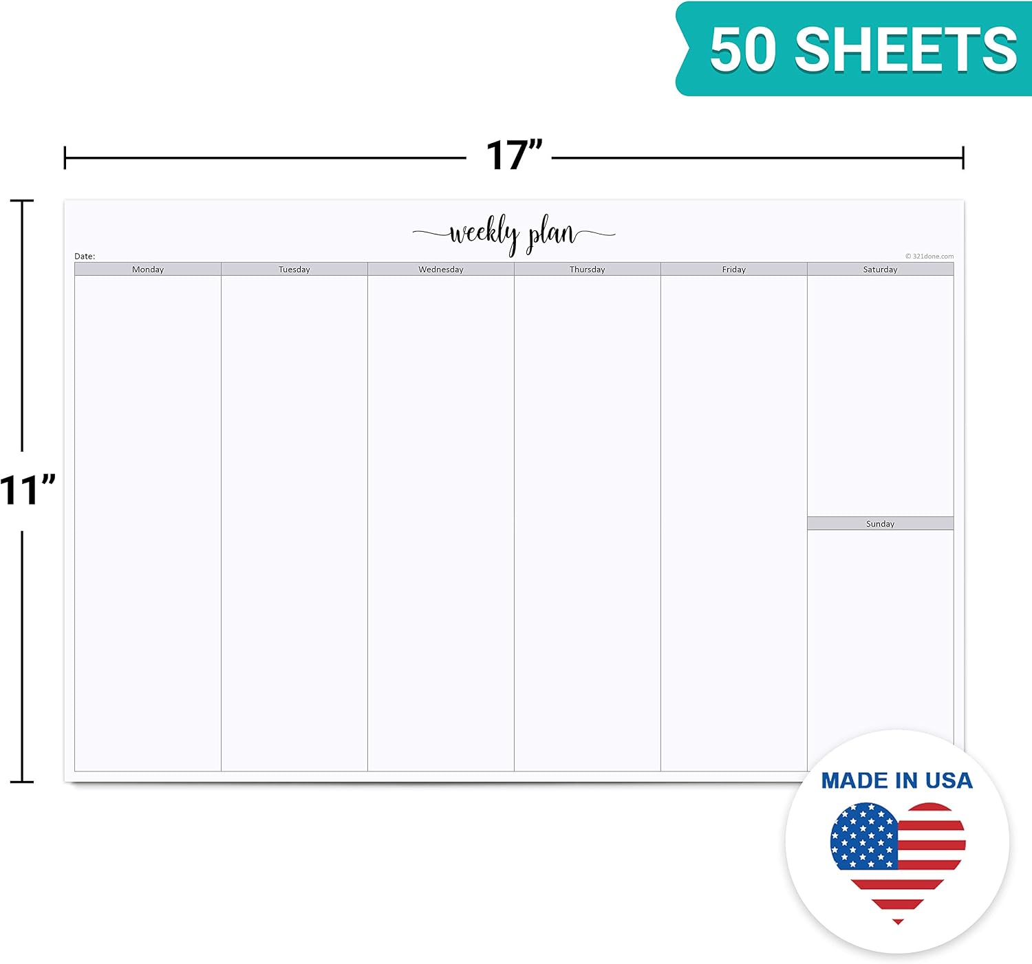 Undated Weekly Planner Notepad, Jumbo 11x17 Desk Pad - 50 Tear-Off Sheets, Weekday Monday-Friday Schedule, Daily Task