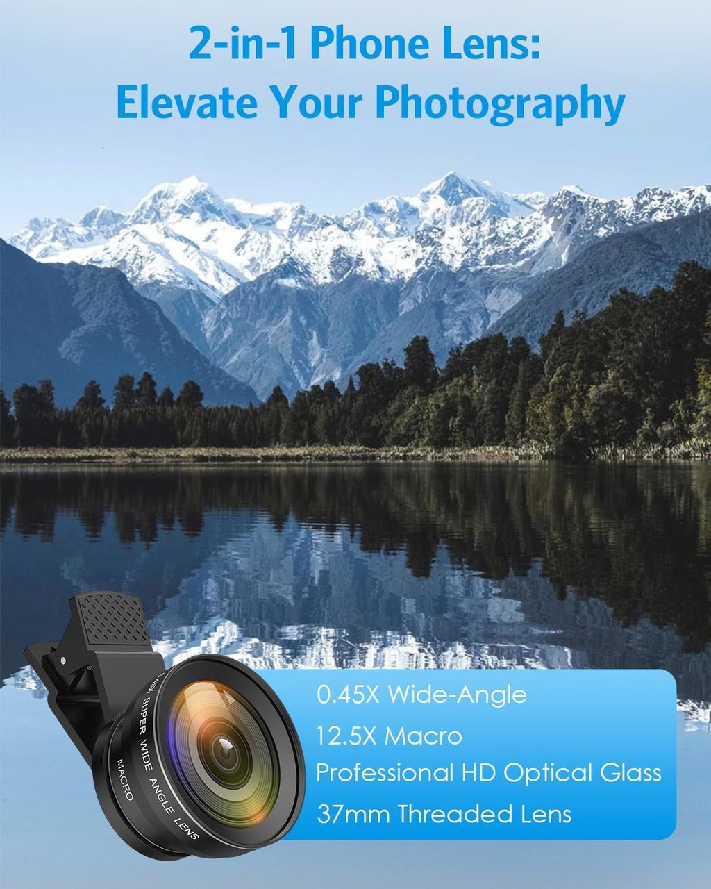 Phone Camera Lens, 0.45X Wide Angle & 12.5X Macro Lens, 2-in-1 Clip-On | 140° Super Wide Angle, HD Optical Glass