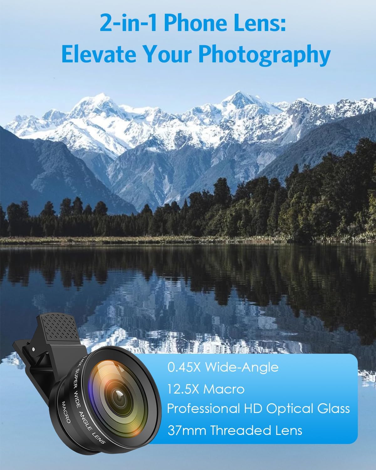 Phone Camera Lens, 0.45X Wide Angle & 12.5X Macro Lens, 2-in-1 Clip-On | 140° Super Wide Angle, HD Optical Glass