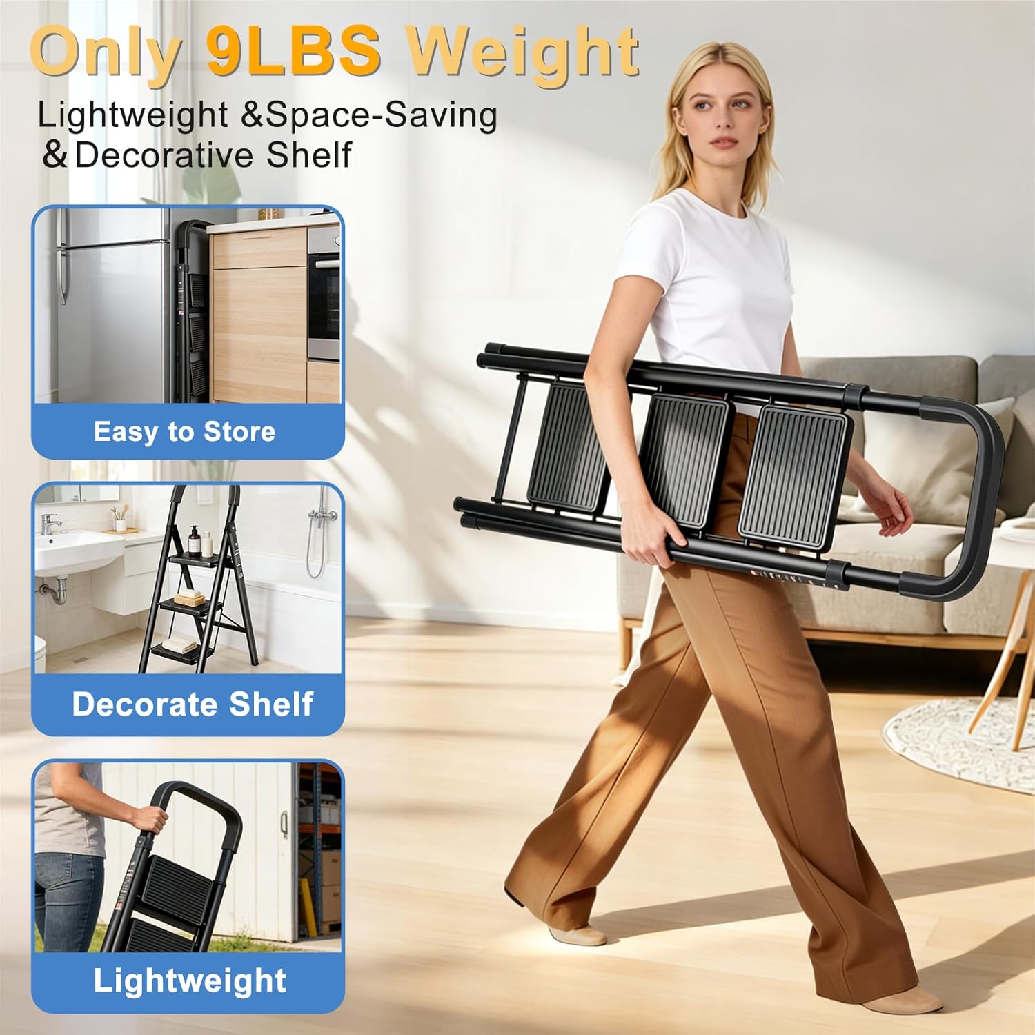 3 Step Ladder Folding Step Stool with Handrail | 500LBS Capacity Sturdy Carbon Steel Frame Anti-Slip Pedal & Feet