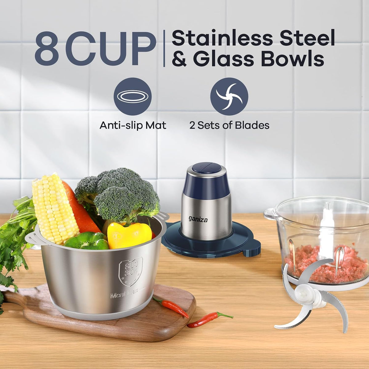 Food Processors with 2 Bowls, 450W Meat Grinder Vegetable Chopper | 2-Speed Electric Food Chopper with 8 Cup Glass &