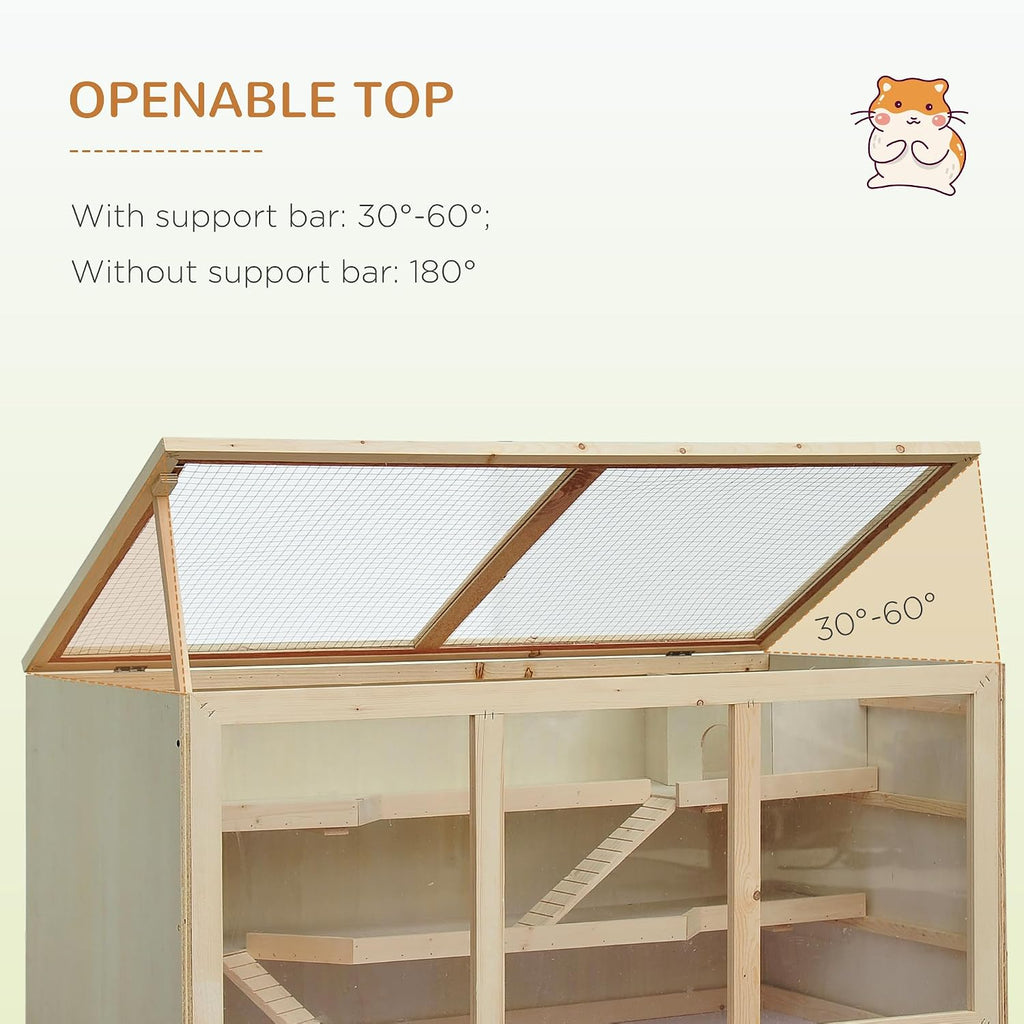 45" Extra Large Wooden Hamster Cage, 3-Layer Rat Cage with Opening Roof, PVC Window, Small Animal Habitat for Gerbil