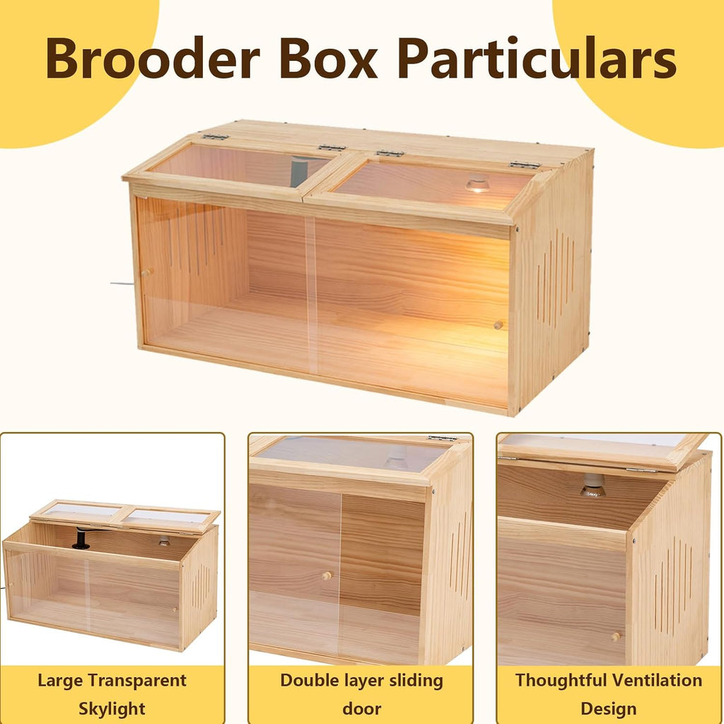 Large Wooden Chicken Brooder Box with Bulb Set and Thermometer - Brooder Box for Chicks Indoor Accommodates Up to 12