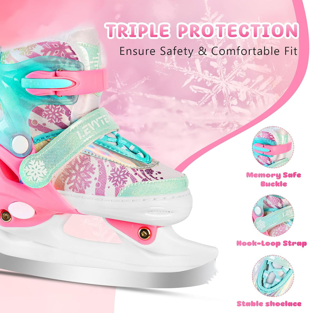 Adjustable Ice Skates for Kids Boys Girls - Warm Fleece Lined, 4 Size Adjustable Beginner Snowflake Blades Ankle