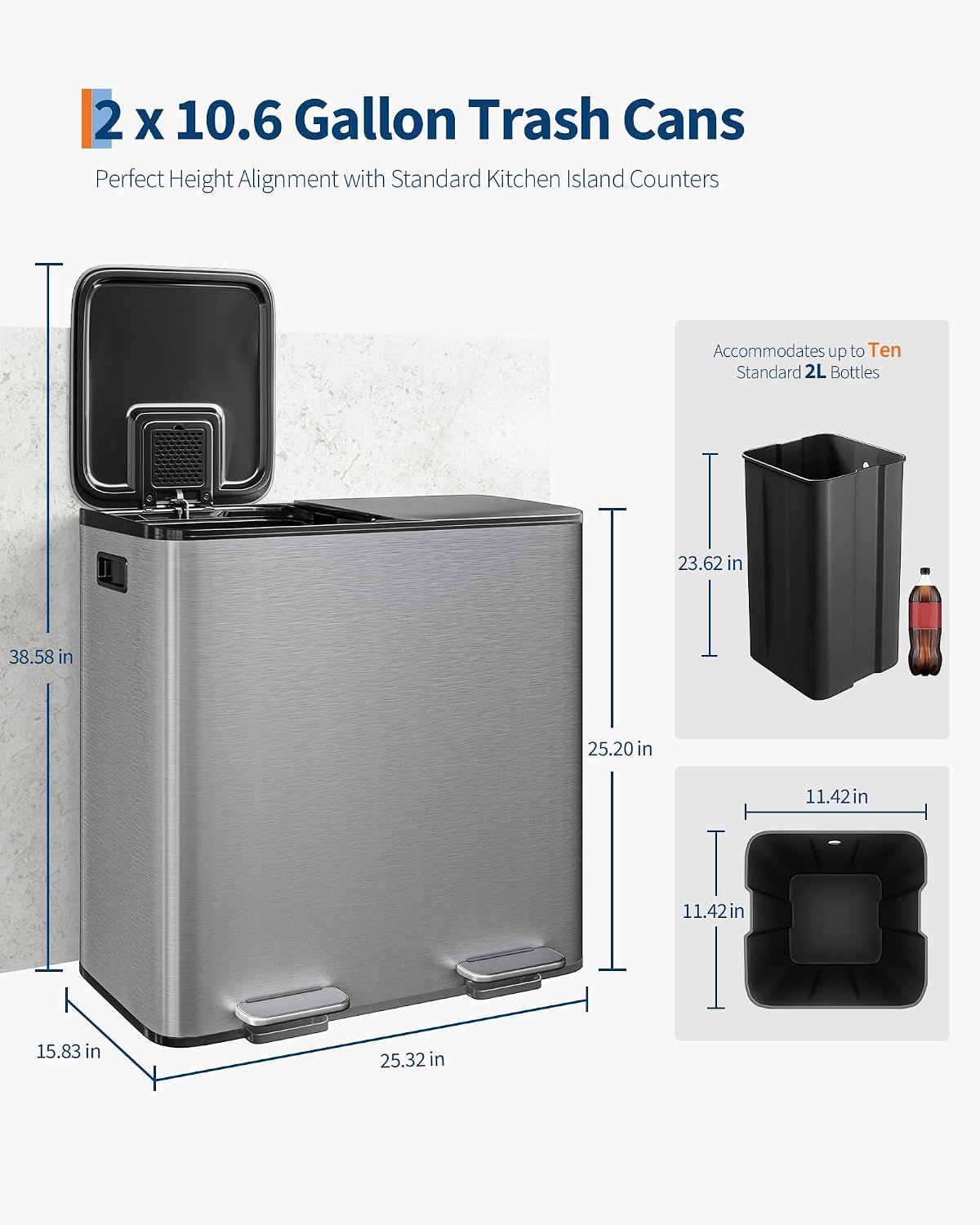 2x10.6 Gal Dual Kitchen Trash Can Fingerprint-Proof Stainless Steel | 2 Removable Inner Buckets Step Pedal Soft-Close